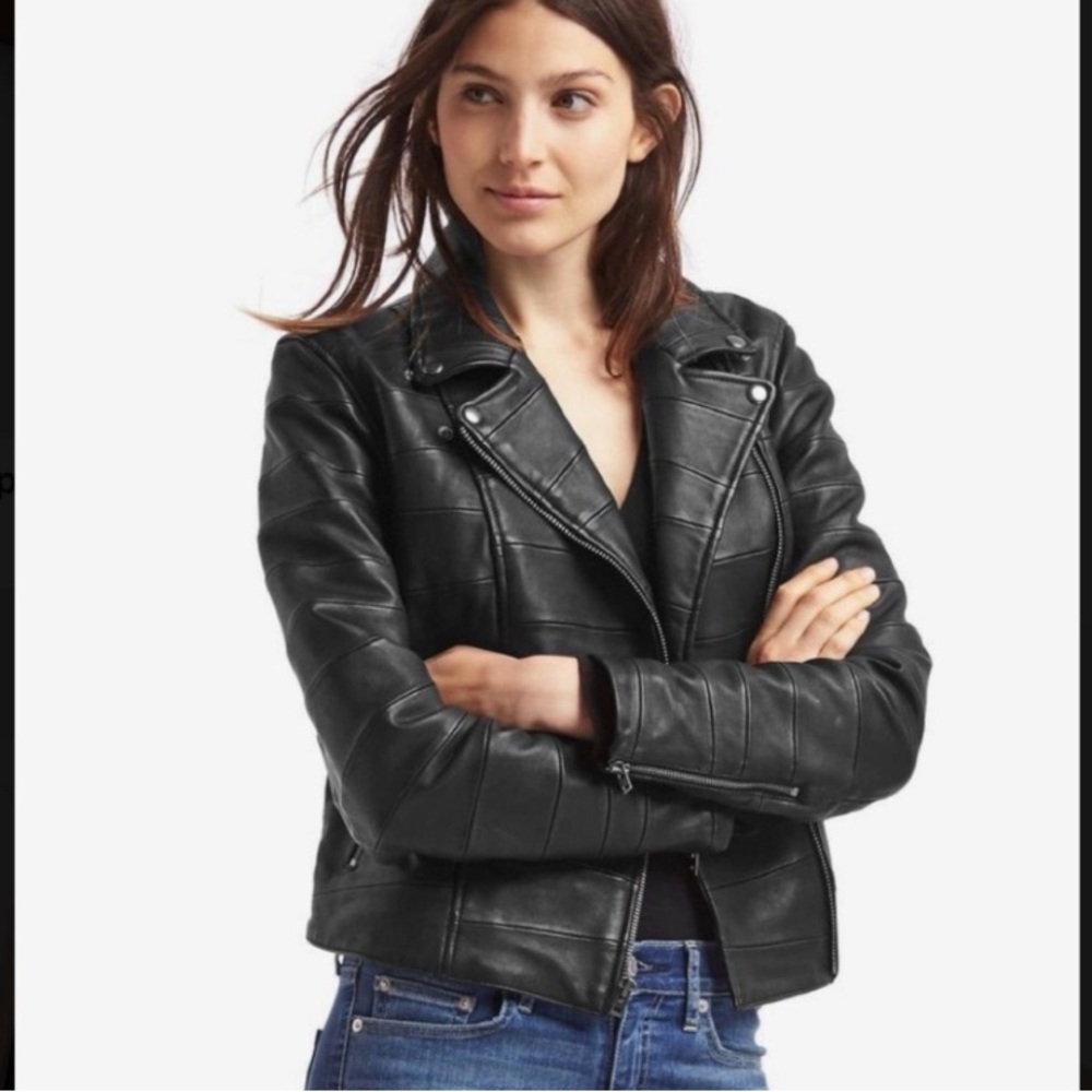 GAP Vegan Faux Leather Bikercore Full Zip Moto Jacket Women’s True Black Small - Picture 2 of 14